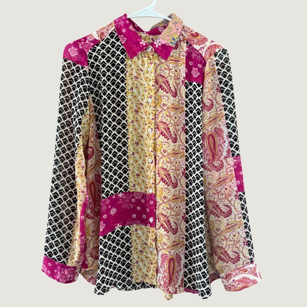 Rose & Olive Sheer Flowy Patchwork Paisley M Shirt Whimsical Eclectic Mixed Boho